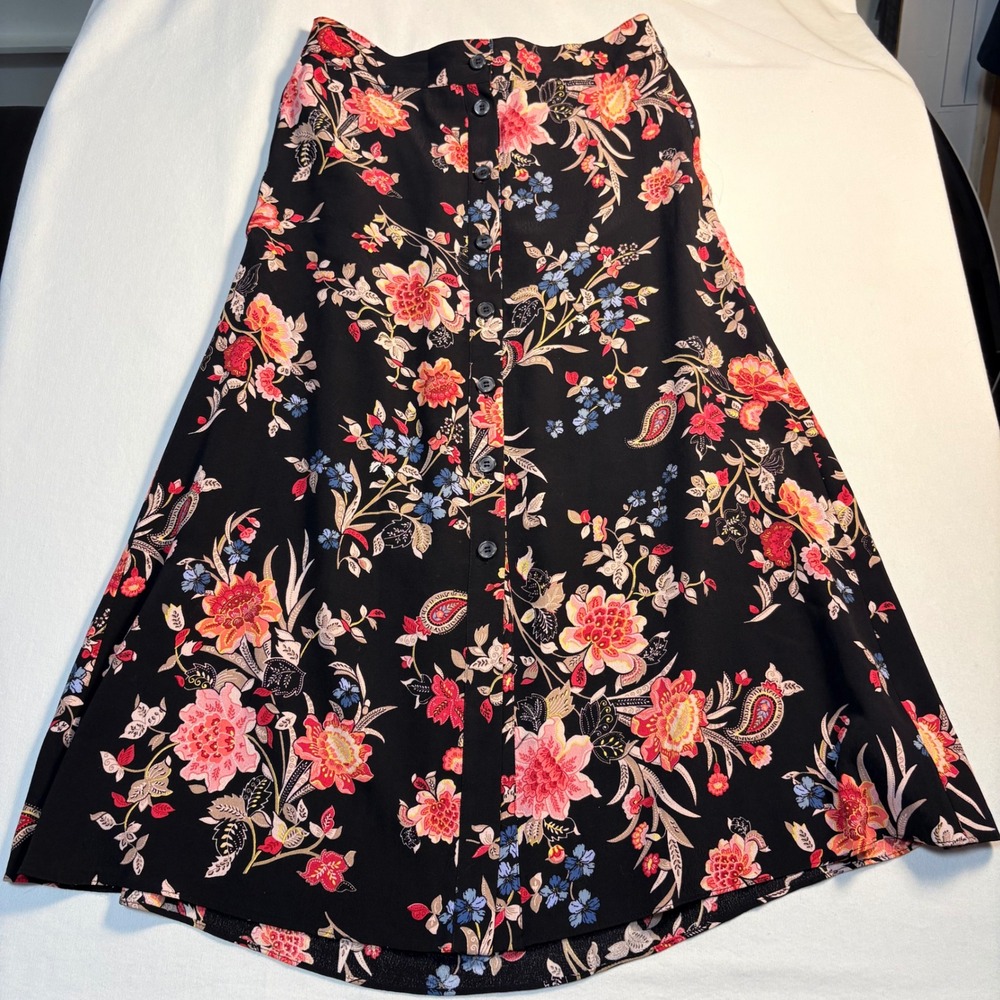LOFT, Midi Skirt, SP, Black, Floral Paisley Button Front Rayon, MSRP $79.50